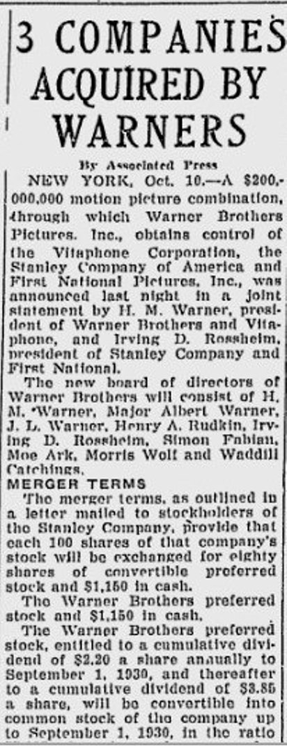 Ever wonder how Warner Brothers and First National got hitched? Here is a story from Oct. 10, 1928.